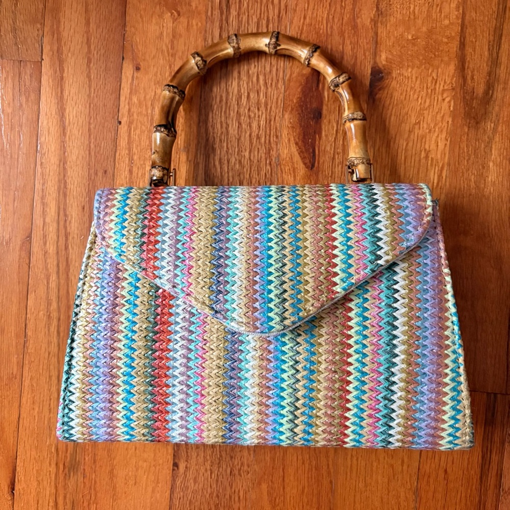 Nanette Lepore Multicolor Zigzag Satchel with Bamboo Handle - New without tags
